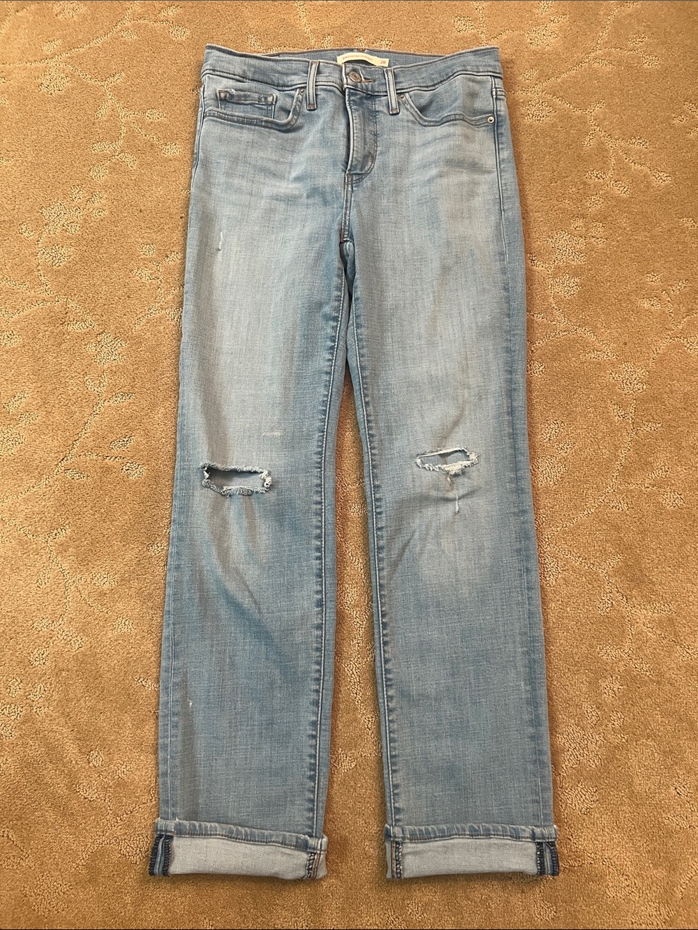 Levi's Light Blue 314 Shaping Straight Jeans with Knee Rips, Sz 28